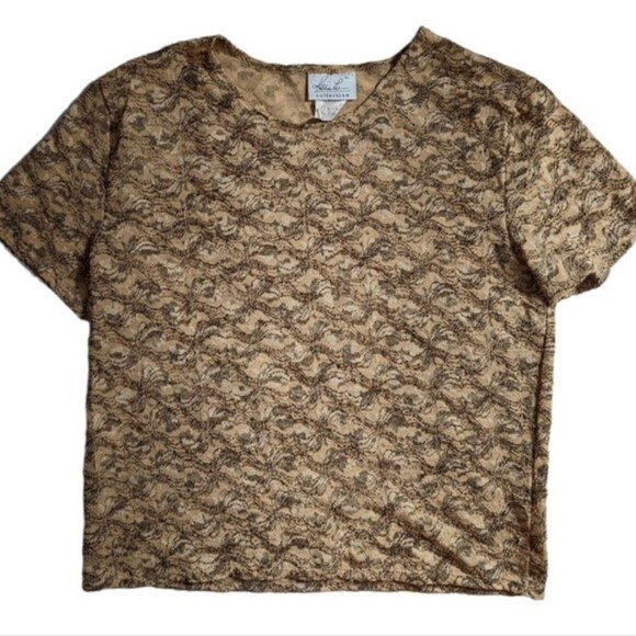 Women's Vintage Neutral Brown Floral Short Sleeve Top, Large - Picture 1 of 4